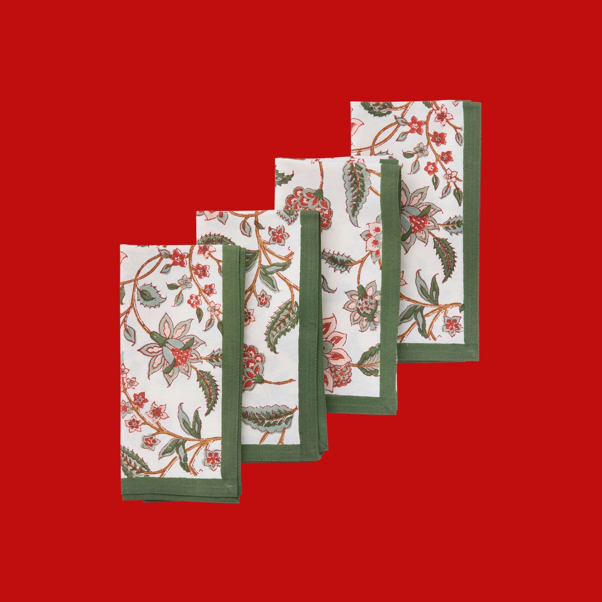 Divya Fern blokprint servetten van Bungalow, set van 4, groen en rood | 45 x 45 cm