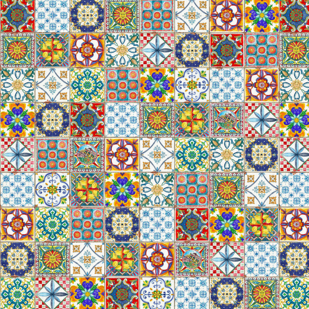 Katoenen tafelkleed Camastra met 'Zuid-Spaanse tegelvloer', kies je formaat (ook rond en als tafelloper)