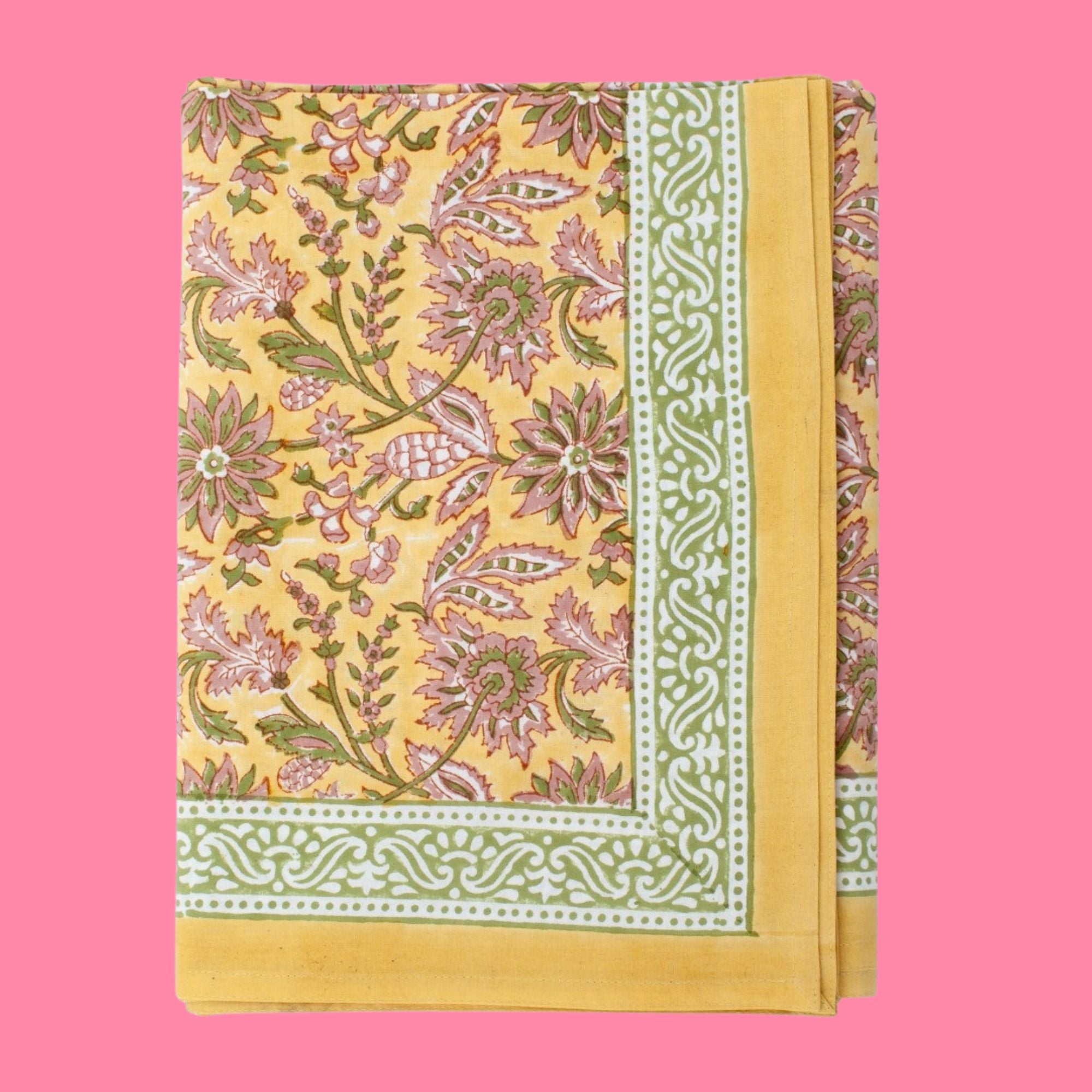 Chamois (paas)tafelkleed, blokprint in kurkuma geel, roze en groen | 170 x 270 cm