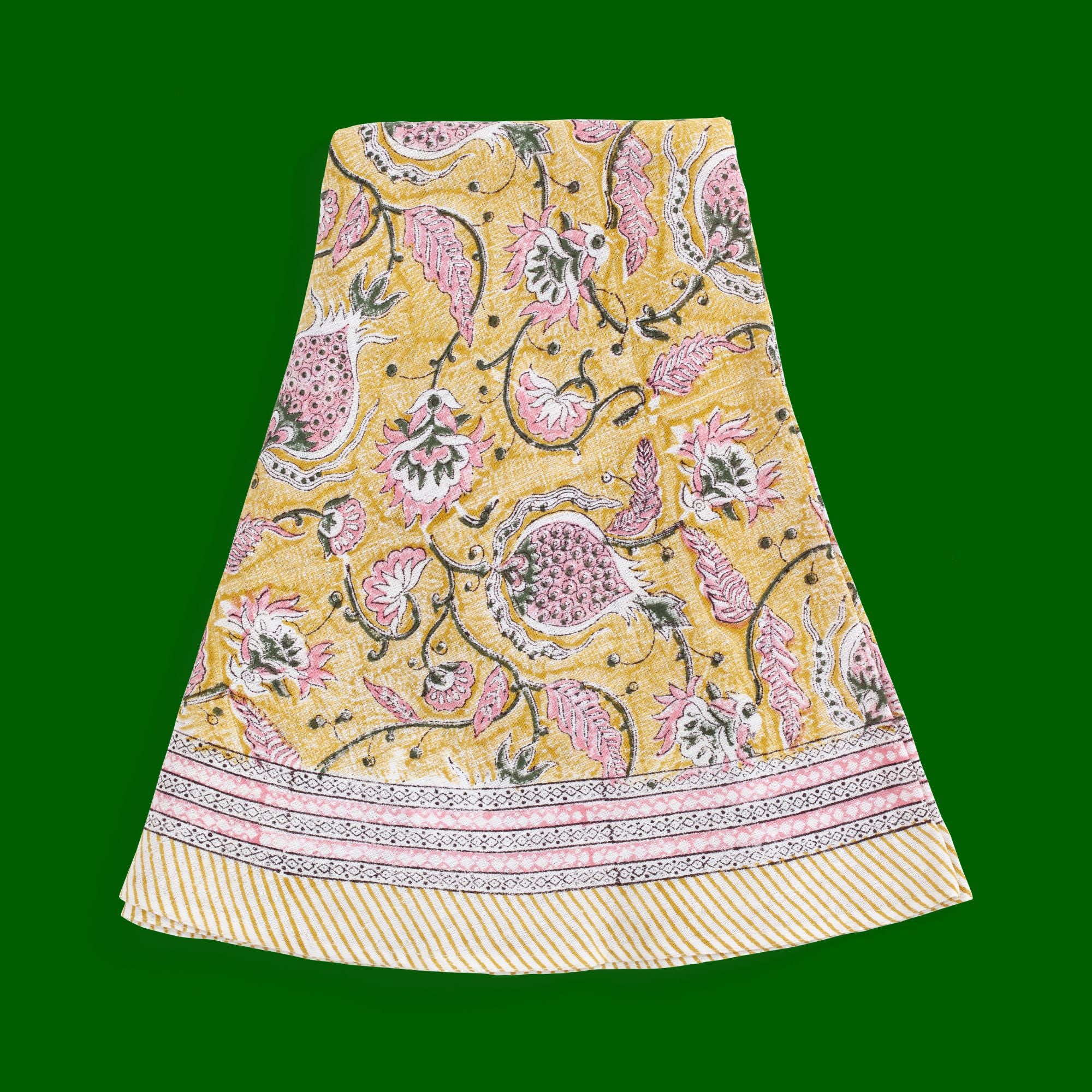 Chamois groot, rond, linnen (paas)tafelkleed Pomegranate, blokprint in geel met roze en groen | Ø 220 cm