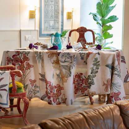 Linnen tafelkleed Eradea met orchideeën, kies je formaat (ook rond en als tafelloper)