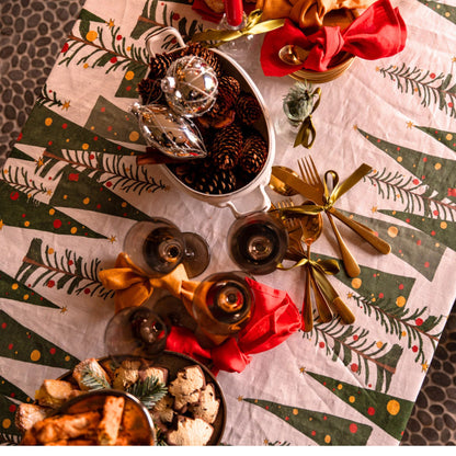 Fairy Elf linnen kersttafelkleed, loper en placemats met elfjes, kerstbomen en rendieren. Kies je formaat (ook rond)