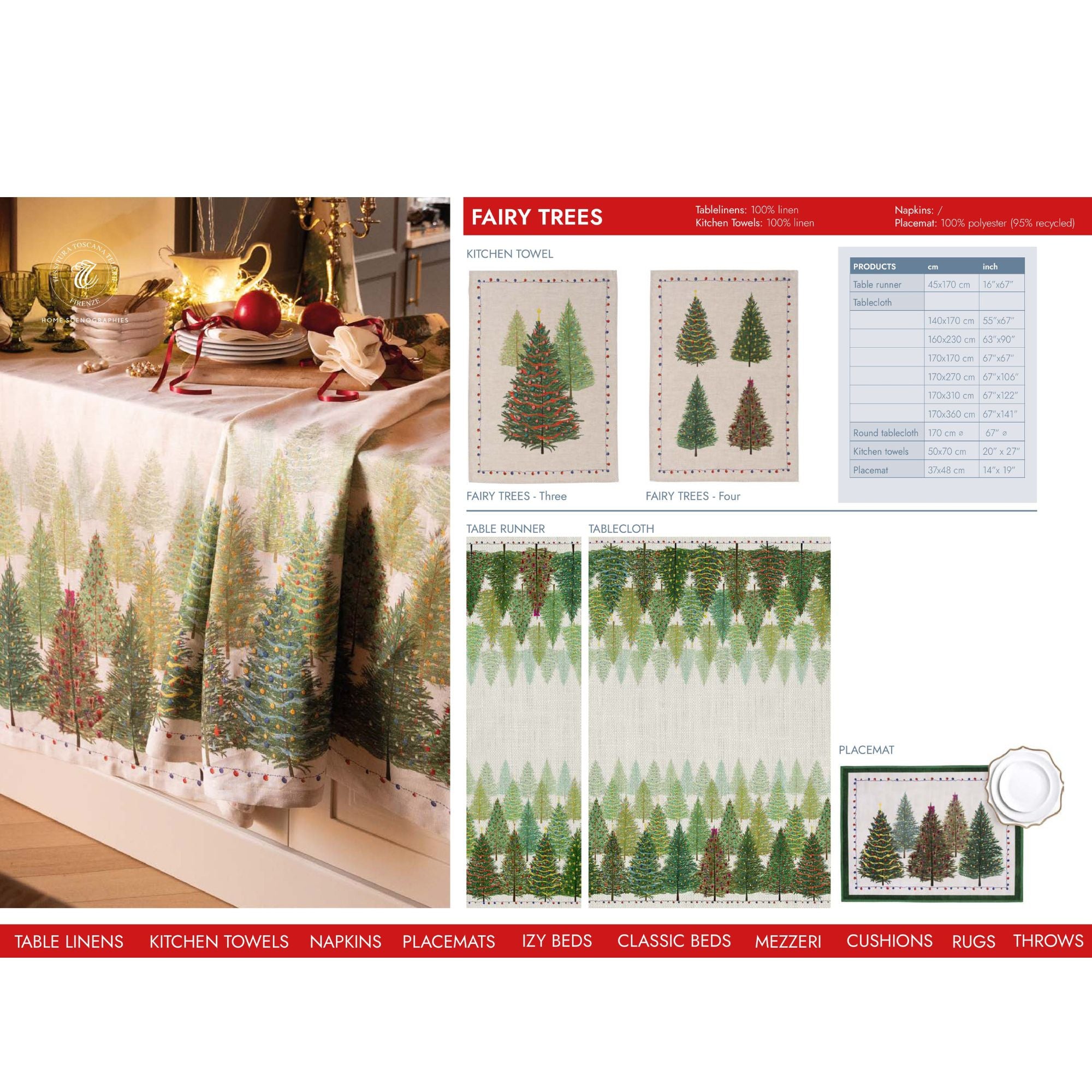 Fairy Trees linnen kersttafelkleed en loper met magisch mooi versierde kerstbomen, kies je formaat