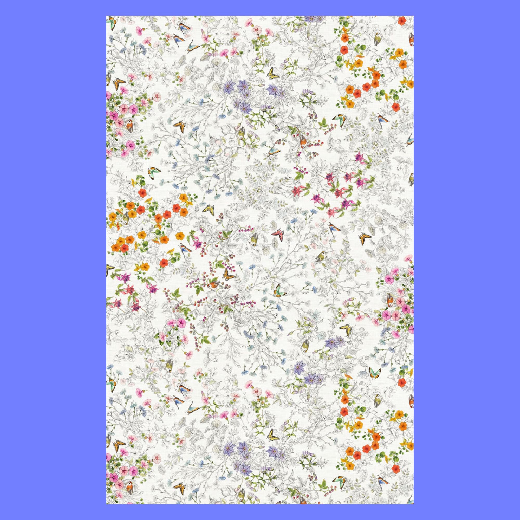 Linnen tafelkleed Gravure met bloemetjes en vlinders in pentekening, kies je formaat (ook rond en als tafelloper)