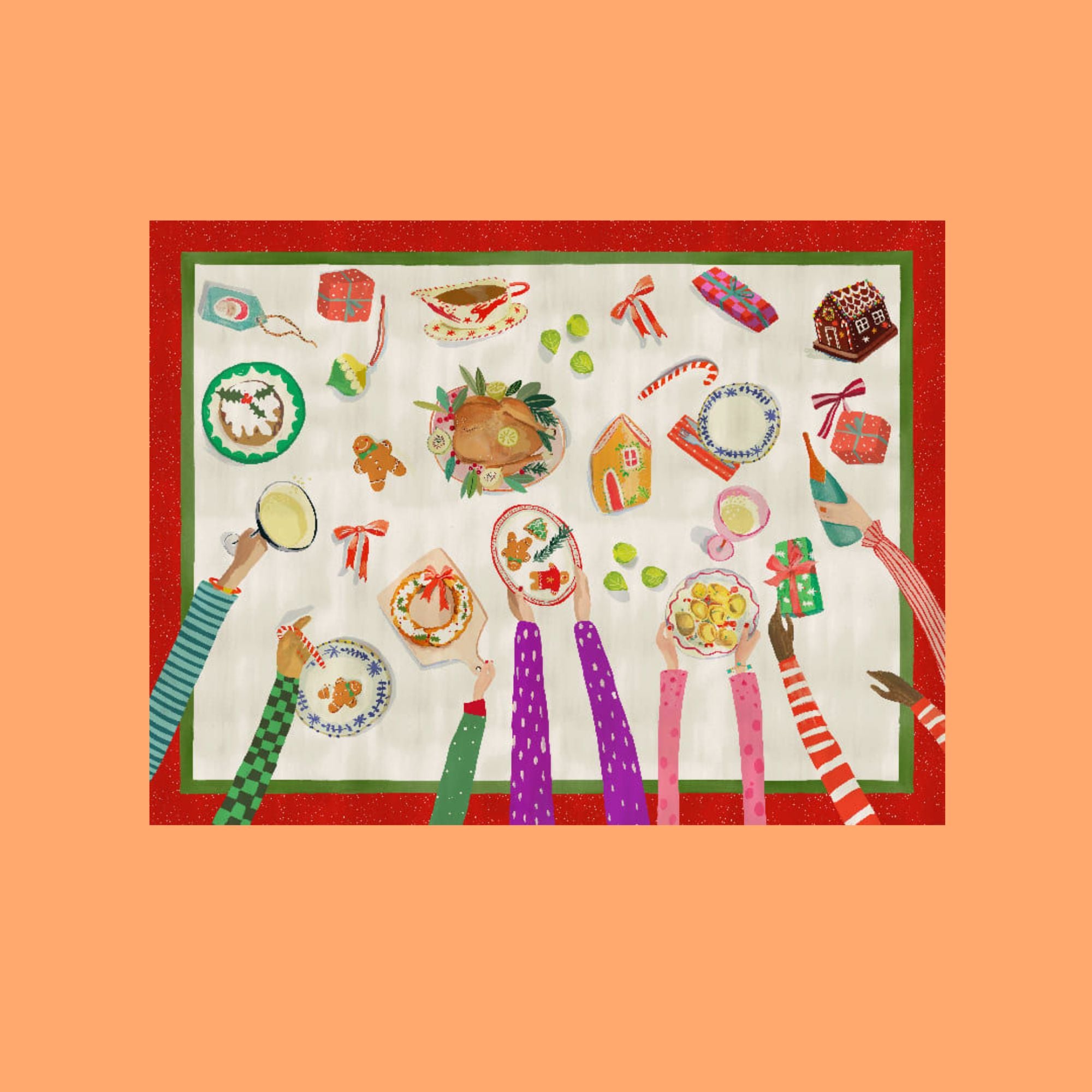 Placemats Hand on Christmas, vrolijke kerstplacemats, set van 2 in een tasje