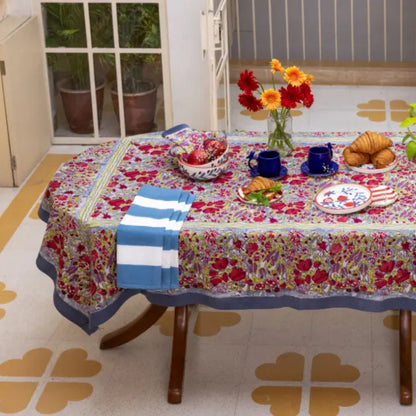 Tafellinnen Jardin blauw/rood van Couleur Nature katoenen blokprints | kies je formaat