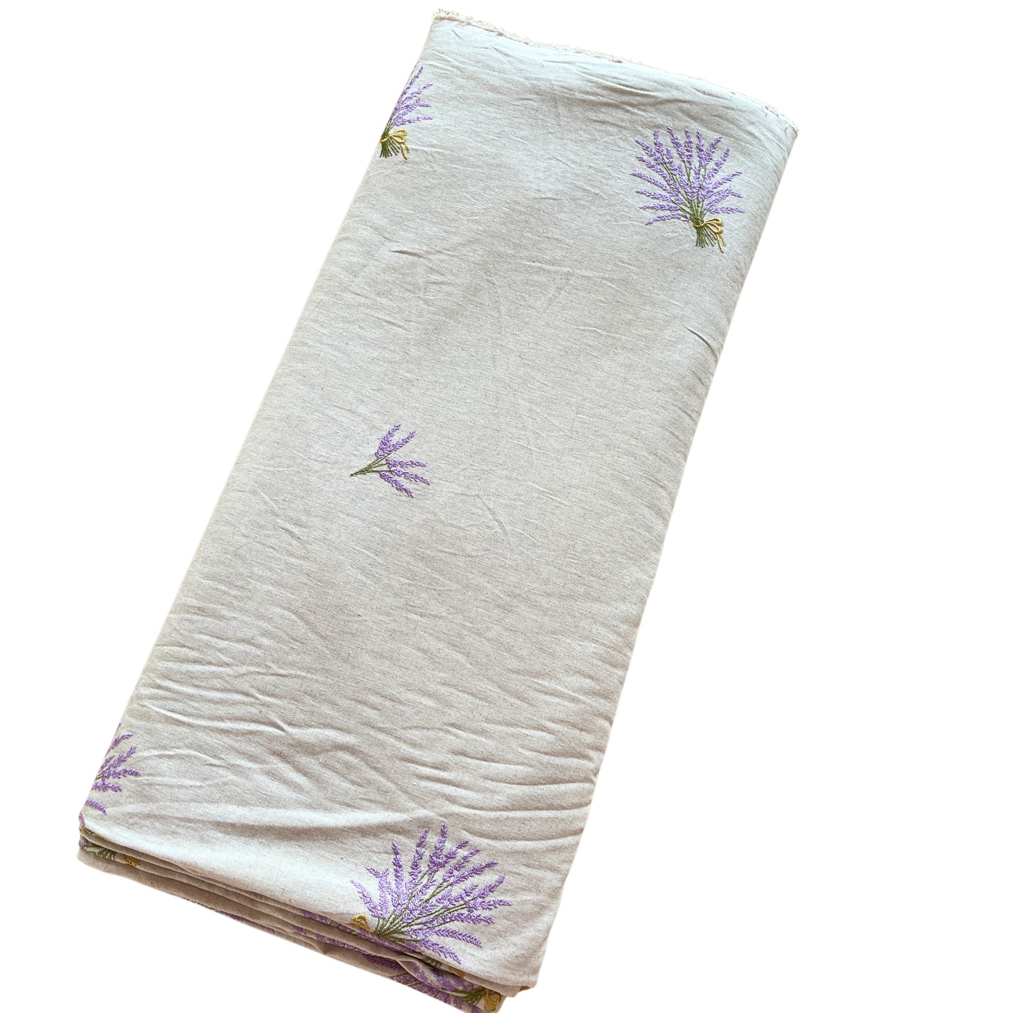 Naturel katoen van de rol met geborduurde lavendelbosjes, per 50 cm | 150 breed