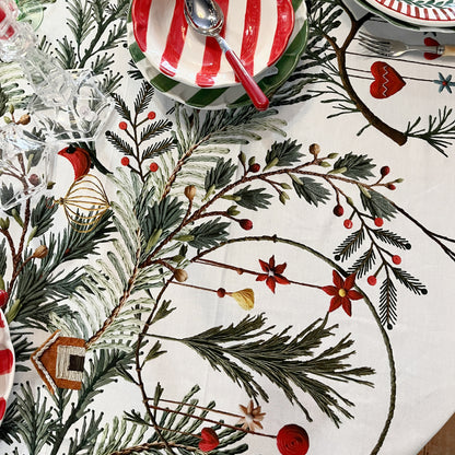 Kersttafelkleed Rudy met hert, kersttakken en -decoratie, kies je formaat (ook rond en als tafelloper)