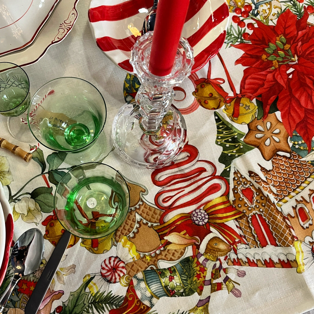 Marzapepe Kersttafelkleed, loper en servetten met peperkoekmannetjes en andere kerstvrolijkheid, linnen, kies je formaat, kies je maat