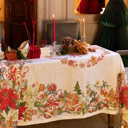 Marzapepe Kersttafelkleed, loper en servetten met peperkoekmannetjes en andere kerstvrolijkheid, linnen, kies je formaat, kies je maat