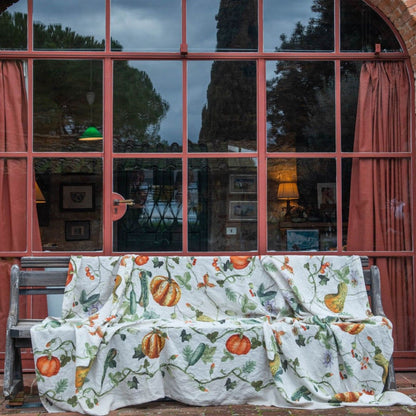 Katoenen stof Kurbis met hersftige pompoenen en bessen, per halve meter