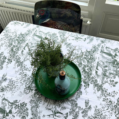 Toile de Jouy groot tafelkleed kies uit donkergroen, grijs, rood, roze, lichtblauw, oker | 160 x 300 cm