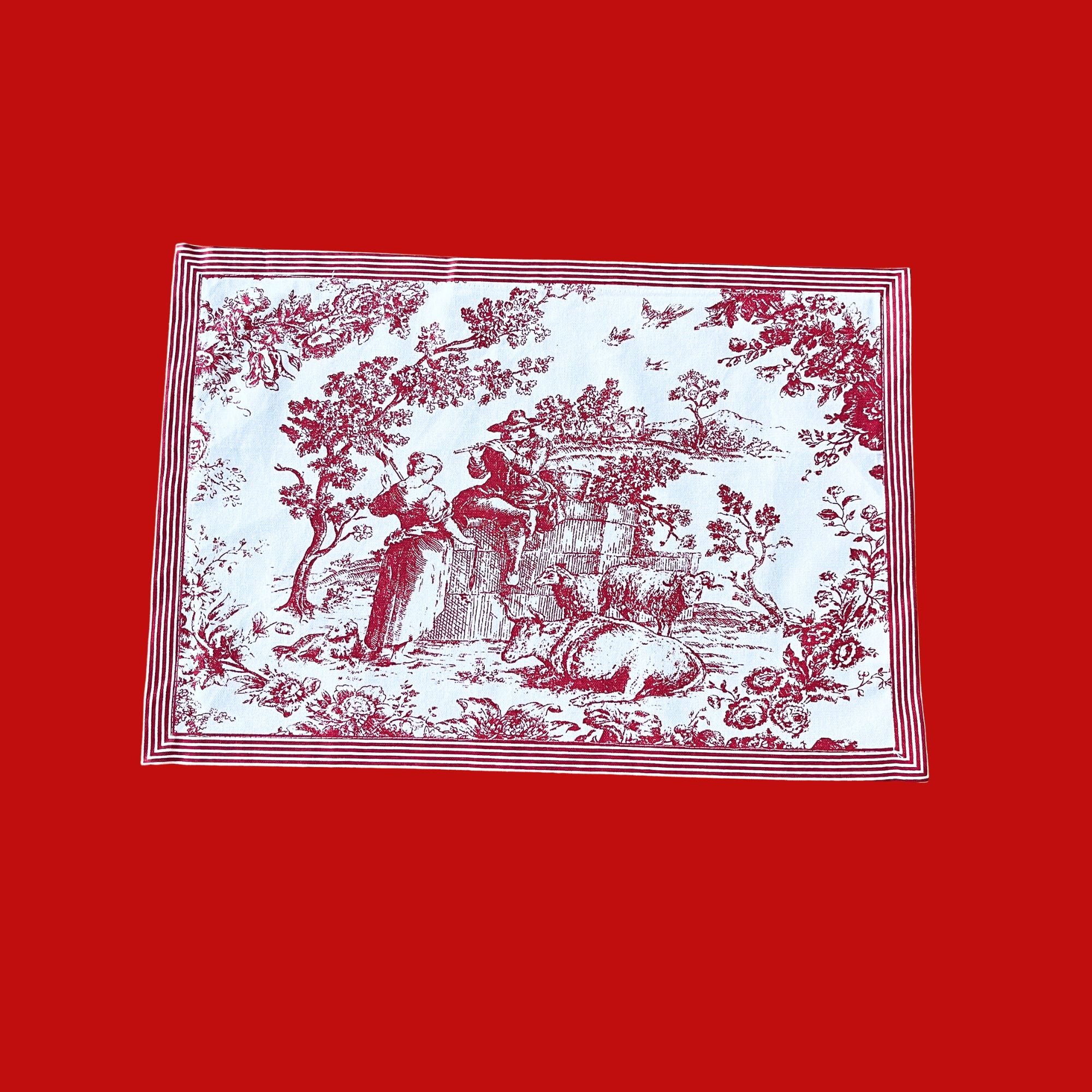 Toile de Jouy placemat van katoen kies uit donkergroen, rood, roze, lichtblauw | 50 x 34 cm