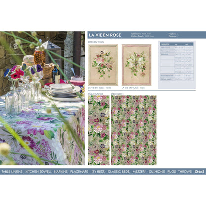 Linnen tafelkleed La Vie en Rose met bloeiende rozen, kies je formaat (ook rond, tafelloper en servetten)