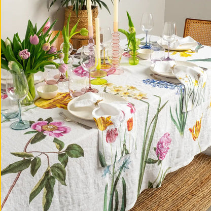 Linoroom Early Flowers linen tablecloth (also napkins) white base, choose your size