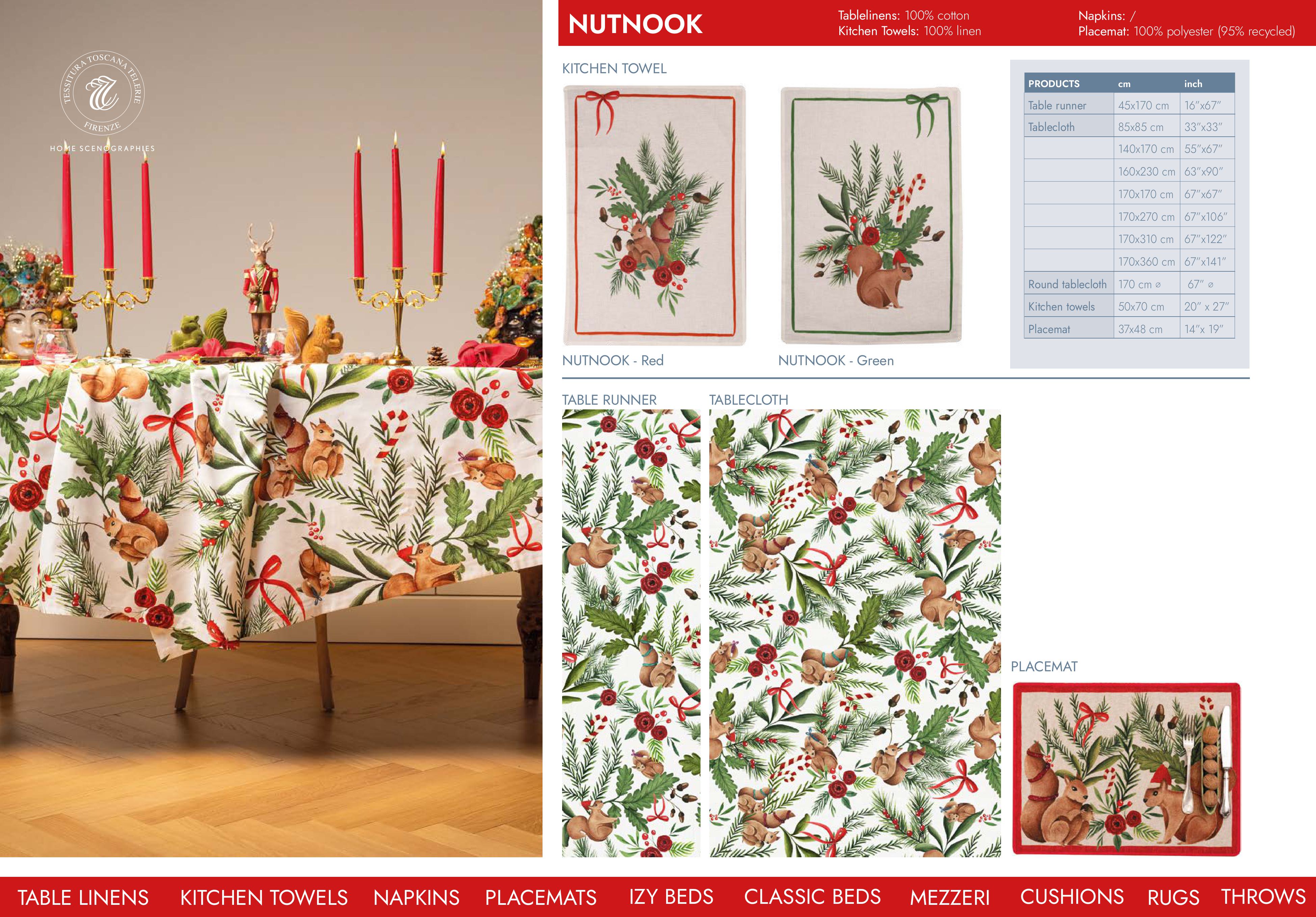 Kersttafelkleed Nutnook met eekhoorns en kerstgroen, kies je formaat (ook rond en als tafelloper)