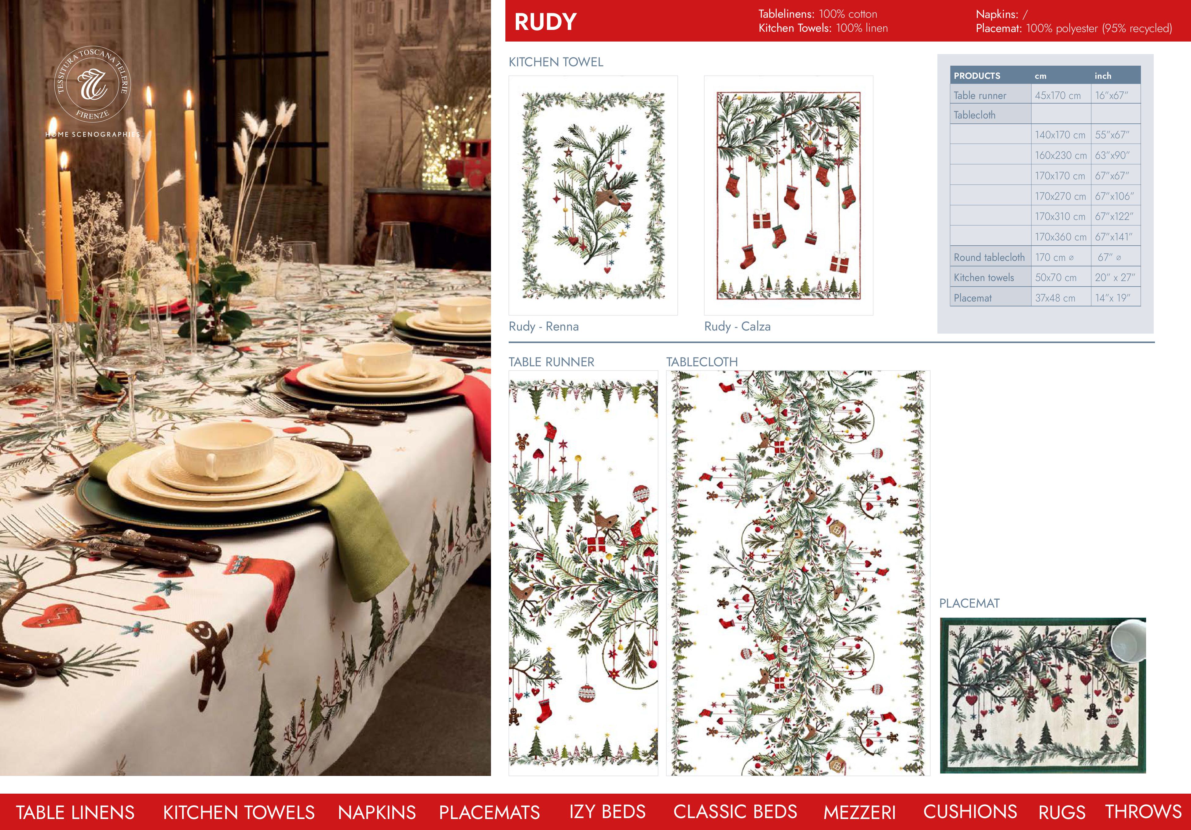 Kersttafelkleed Rudy met hert, kersttakken en -decoratie, kies je formaat (ook rond en als tafelloper)