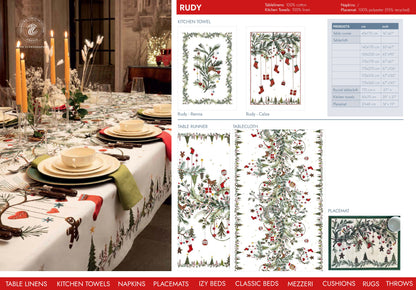 Kersttafelkleed Rudy met hert, kersttakken en -decoratie, kies je formaat (ook rond en als tafelloper)
