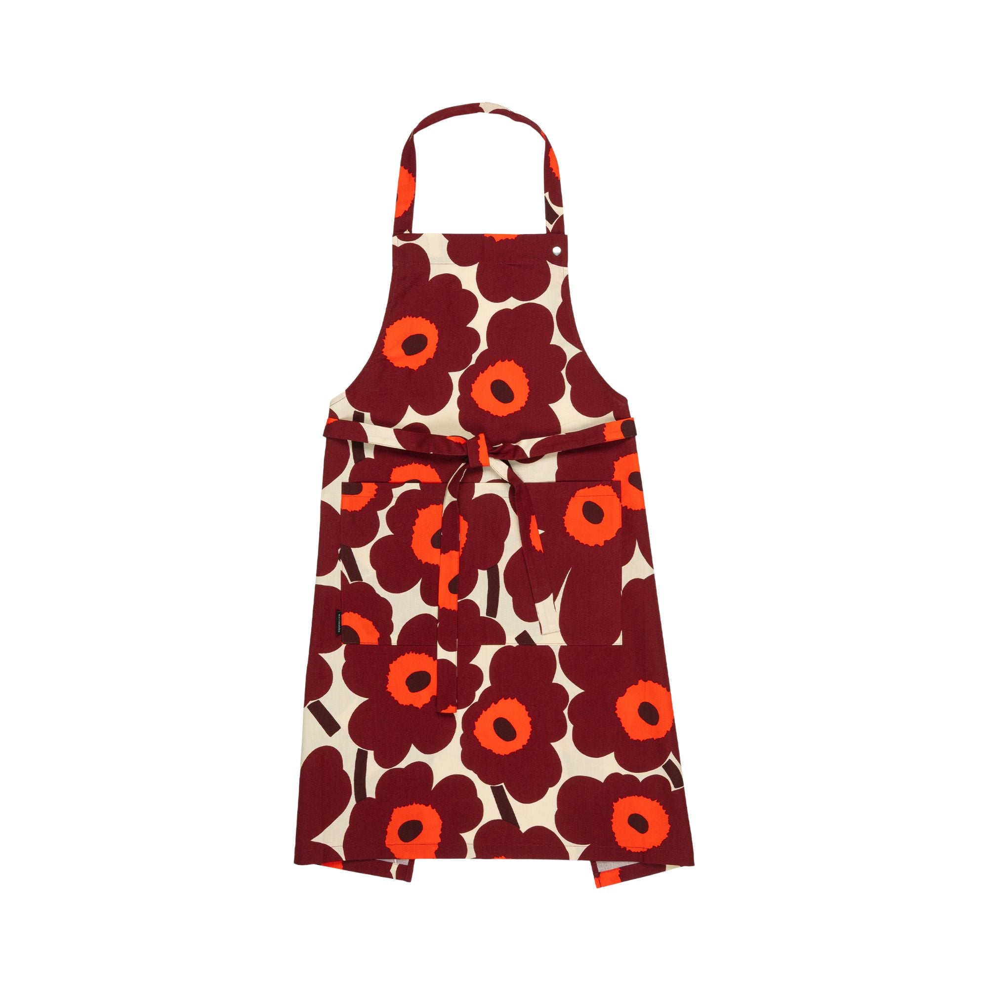 Marimekko schort Unikko bordeaux met fel oranje, met verstelbare nekband