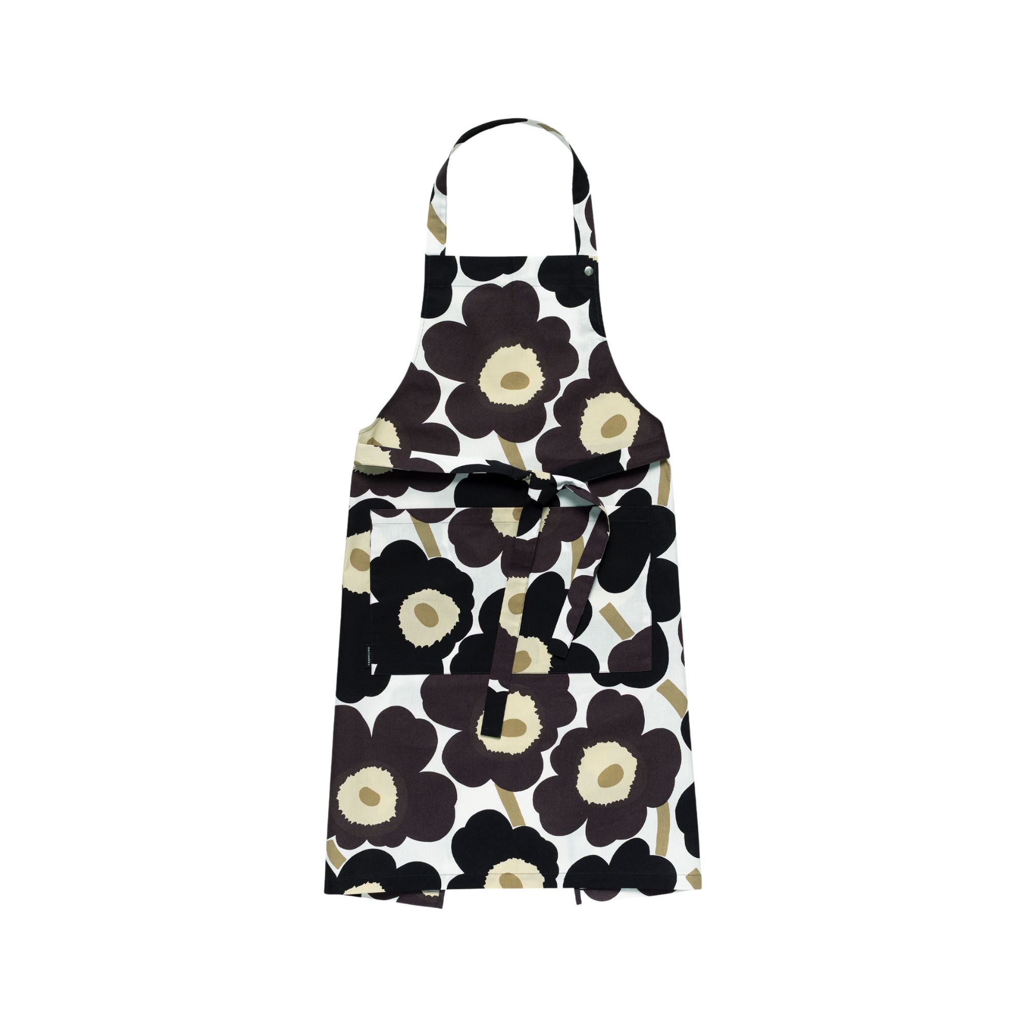 Marimekko schort Unikko zwart met beige, met verstelbare nekband