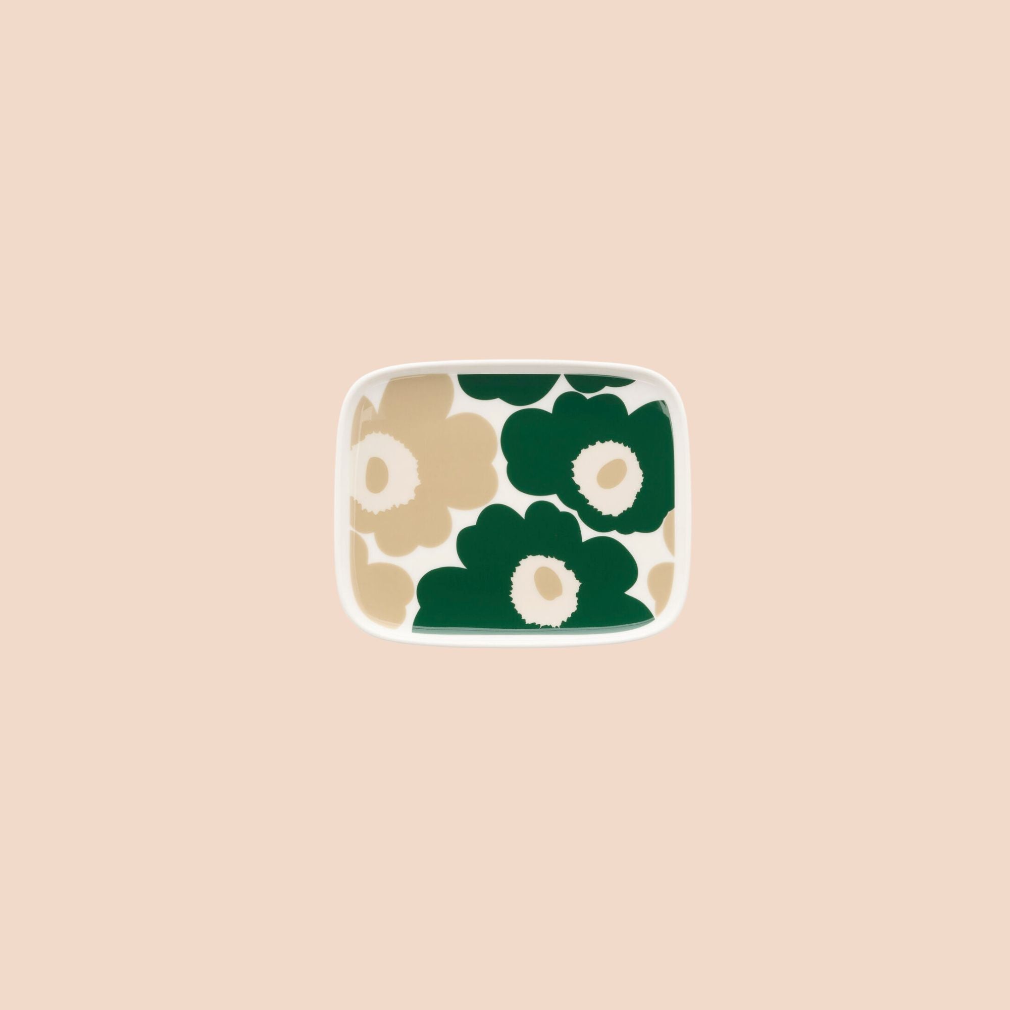 Marimekko kleiner Snackteller Oiva Unikko weiß, beige und grün | 12 x 15 cm