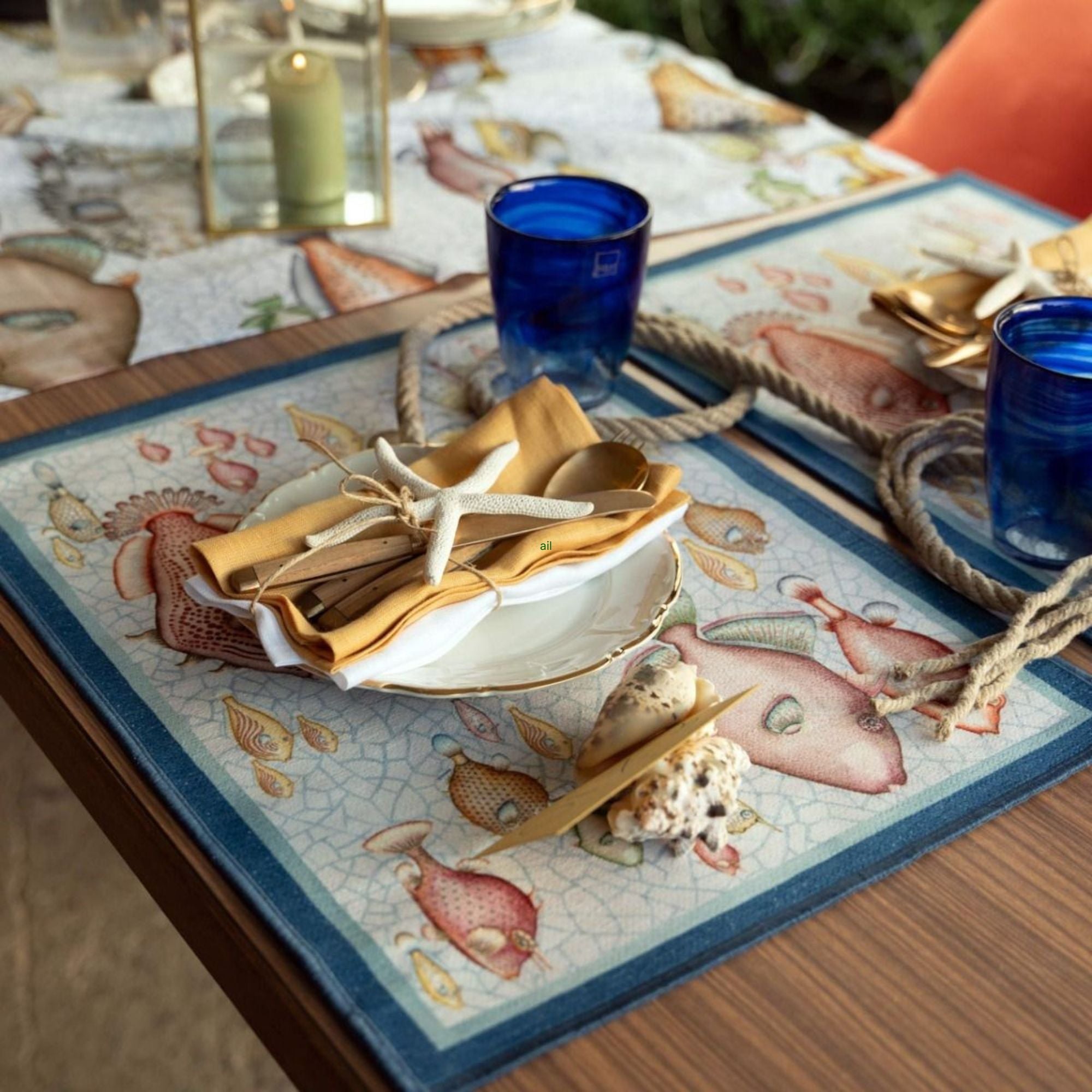 Placemats Reef met vissen, 2 in een tasje, Tessitura Toscana Telerie