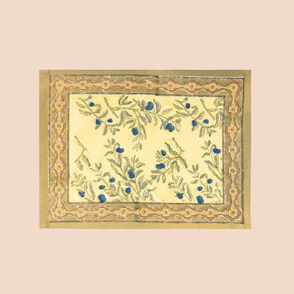 Tafellinnen Olijfboom zachtgeel/hardblauw van Couleur Nature katoenen blokprints | kies je formaat