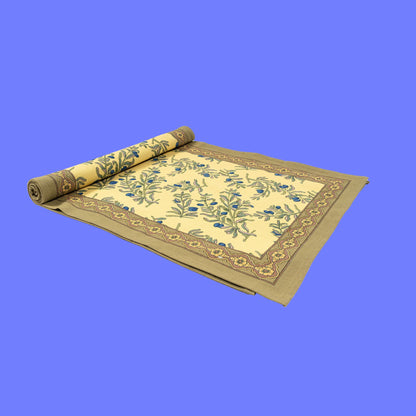 Tafellinnen Olijfboom zachtgeel/hardblauw van Couleur Nature katoenen blokprints | kies je formaat