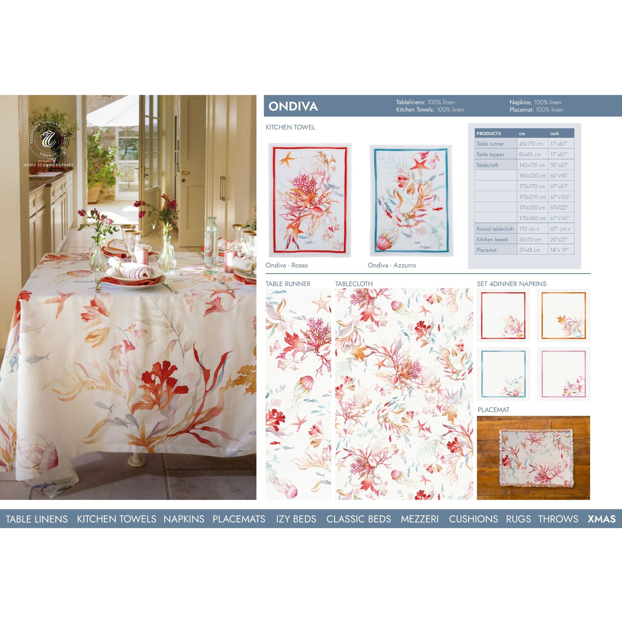 Linnen tafelkleed Ondiva met koraal, visjes, kwallen etc, kies je formaat (ook rond, tafelloper, placemats en servetten)