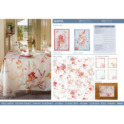 Linnen tafelkleed Ondiva met koraal, visjes, kwallen etc, kies je formaat (ook rond, tafelloper, placemats en servetten)