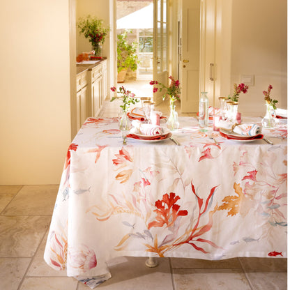Linnen tafelkleed Ondiva met koraal, visjes, kwallen etc, kies je formaat (ook rond, tafelloper, placemats en servetten)