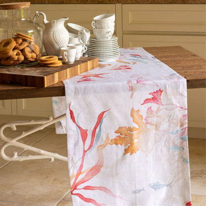 Linnen tafelkleed Ondiva met koraal, visjes, kwallen etc, kies je formaat (ook rond, tafelloper, placemats en servetten)