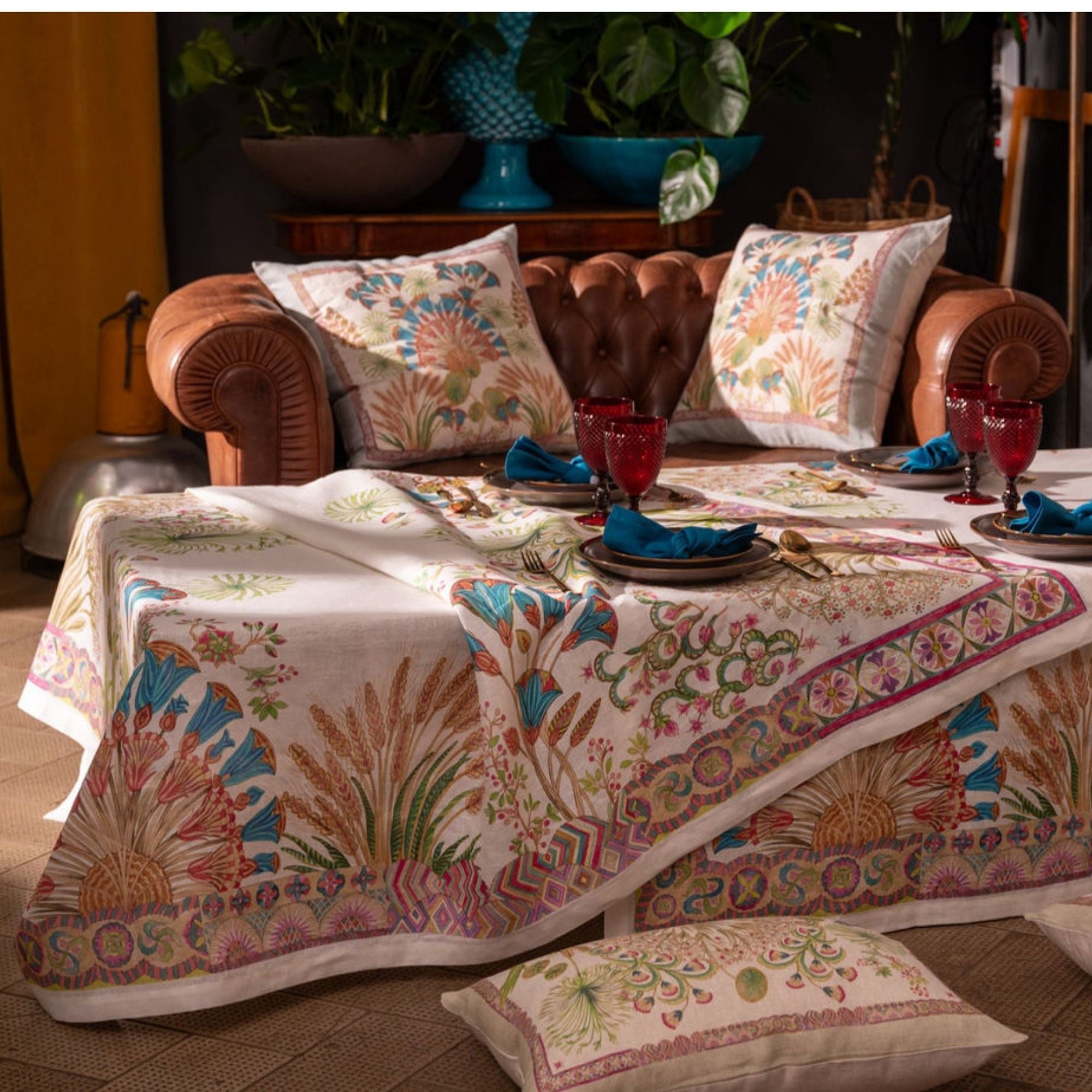 Papyro tafelloper en tafelkleden met papyrus planten en turquoise bloemen, linnen, kies je formaat