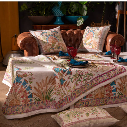 Papyro tafelloper en tafelkleden met papyrus planten en turquoise bloemen, linnen, kies je formaat