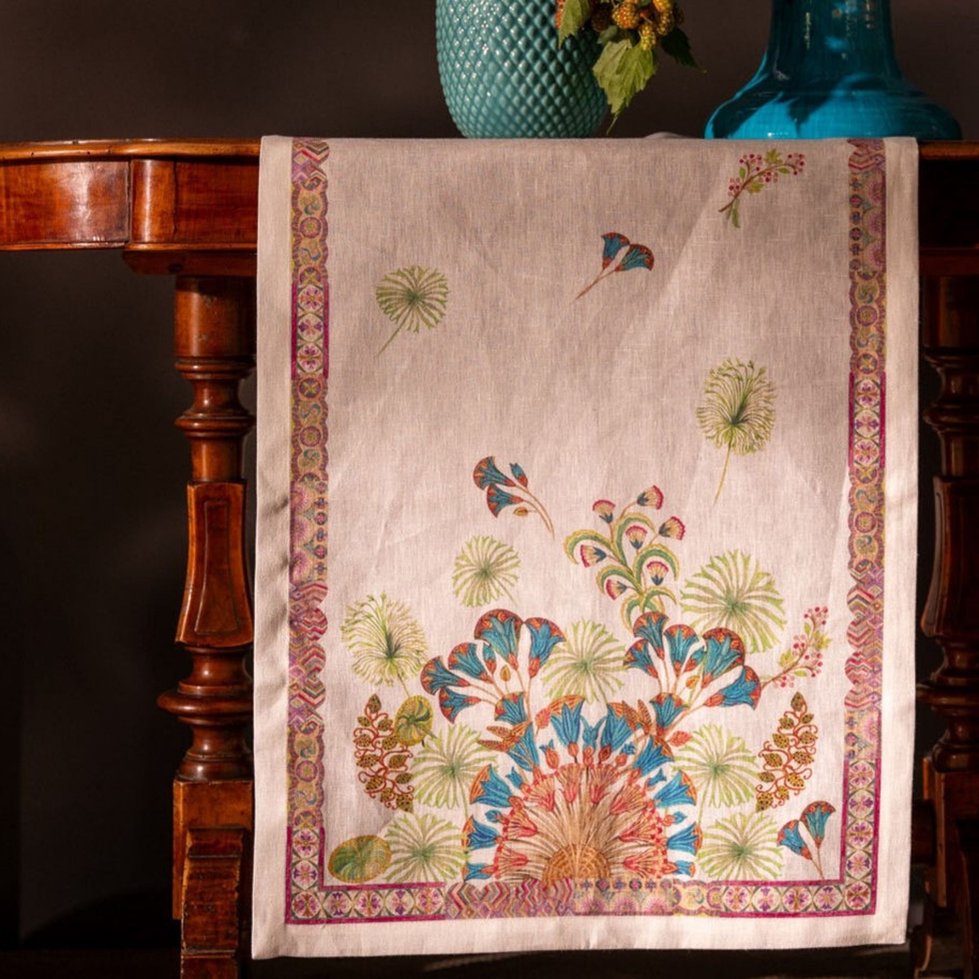 Papyro tafelloper en tafelkleden met papyrus planten en turquoise bloemen, linnen, kies je formaat