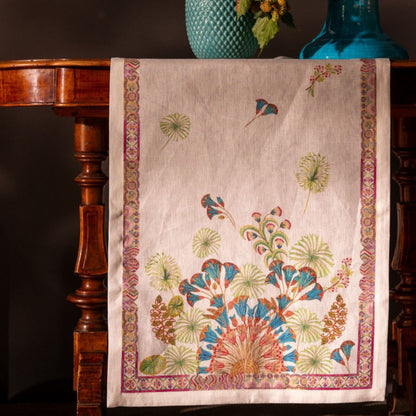 Papyro tafelloper en tafelkleden met papyrus planten en turquoise bloemen, linnen, kies je formaat