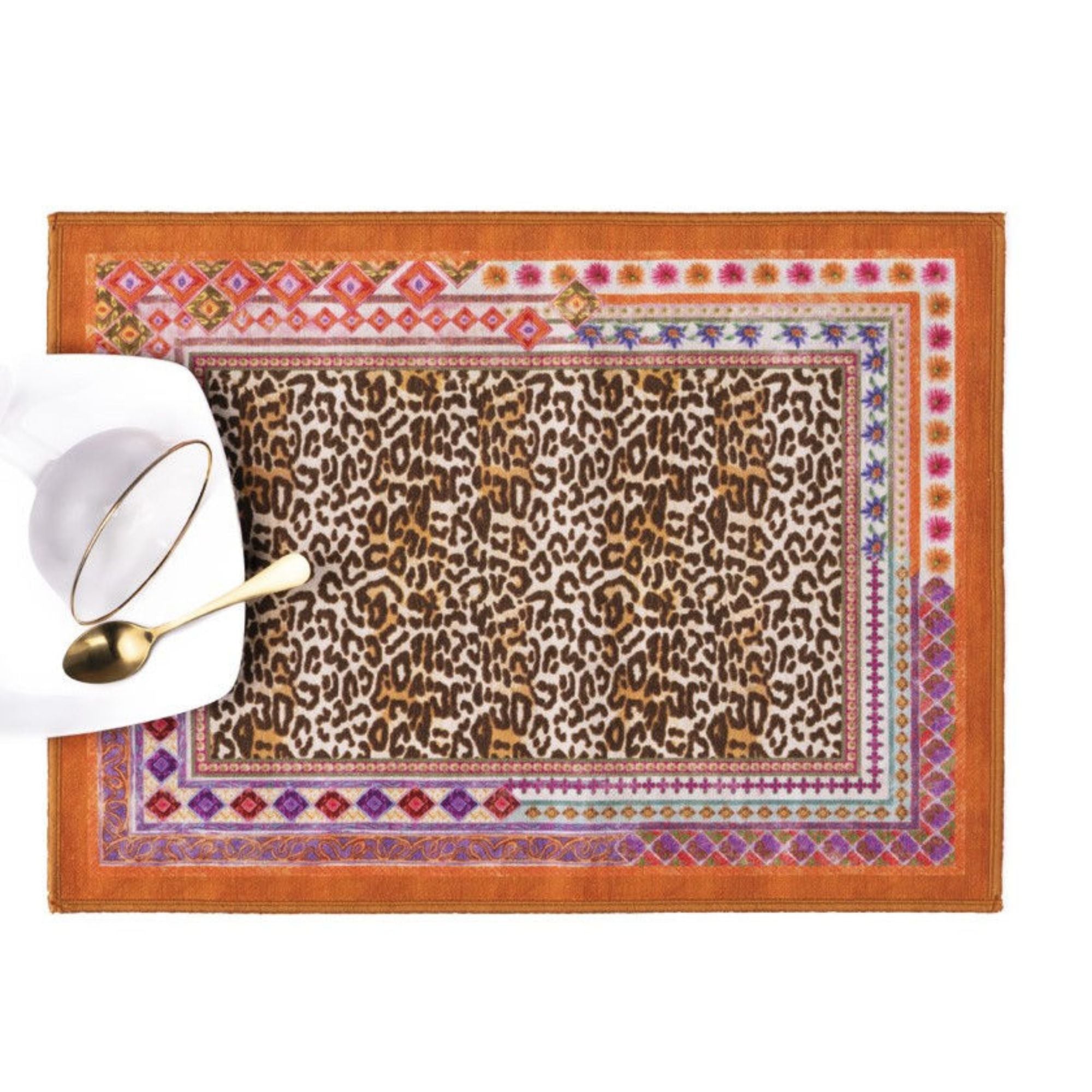 Placemats Jurta met panterprint en rand in felle kleuren, set van 2 in een tasje