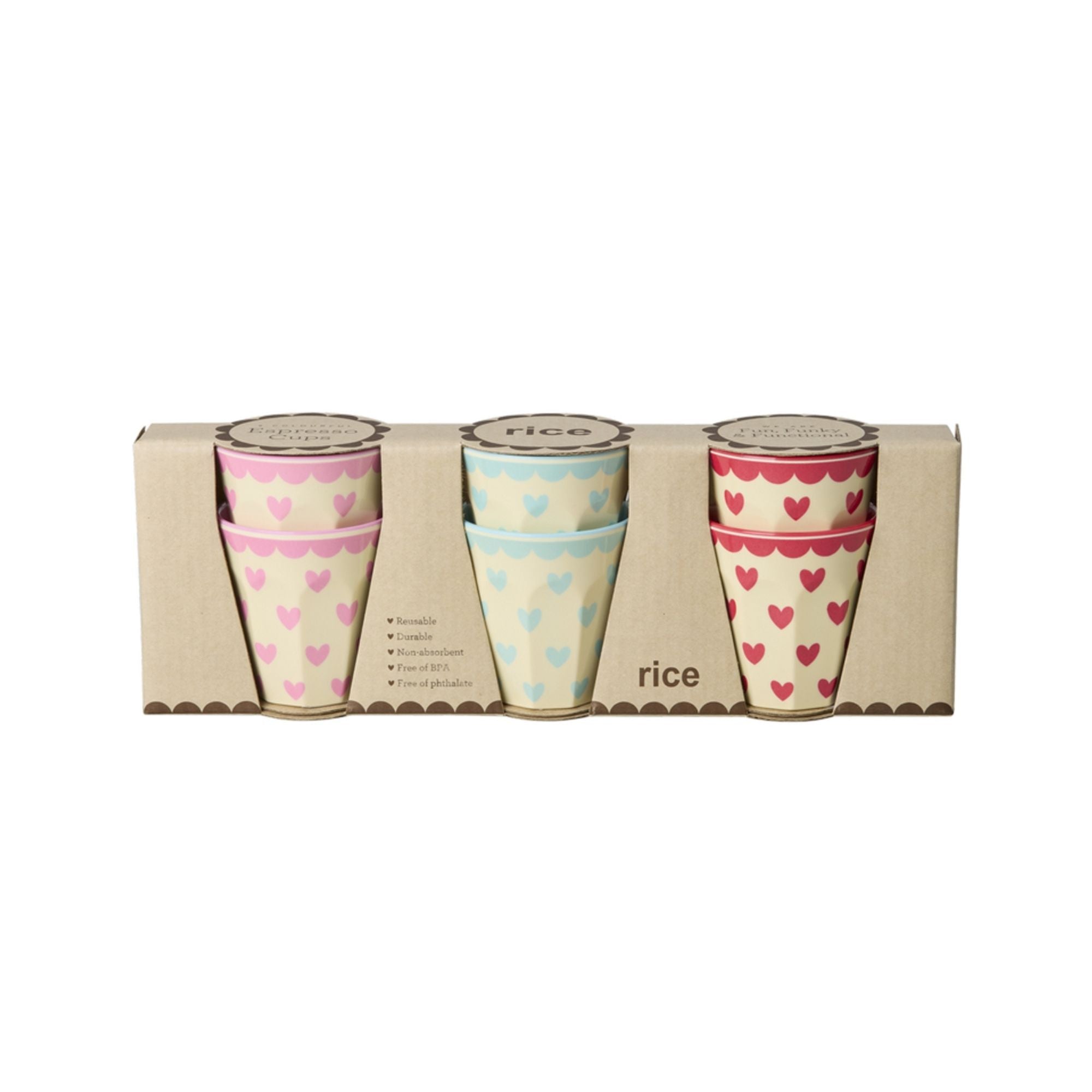 Rice melamine (espresso)bekertjes met 'favorite hearts' in 3 kleuren, set van 6 | 80 ml