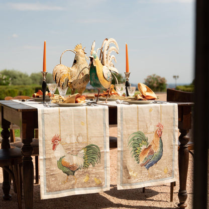 Roosters linnen tafelkleden, -loper met hanen en kippen, kies je formaat