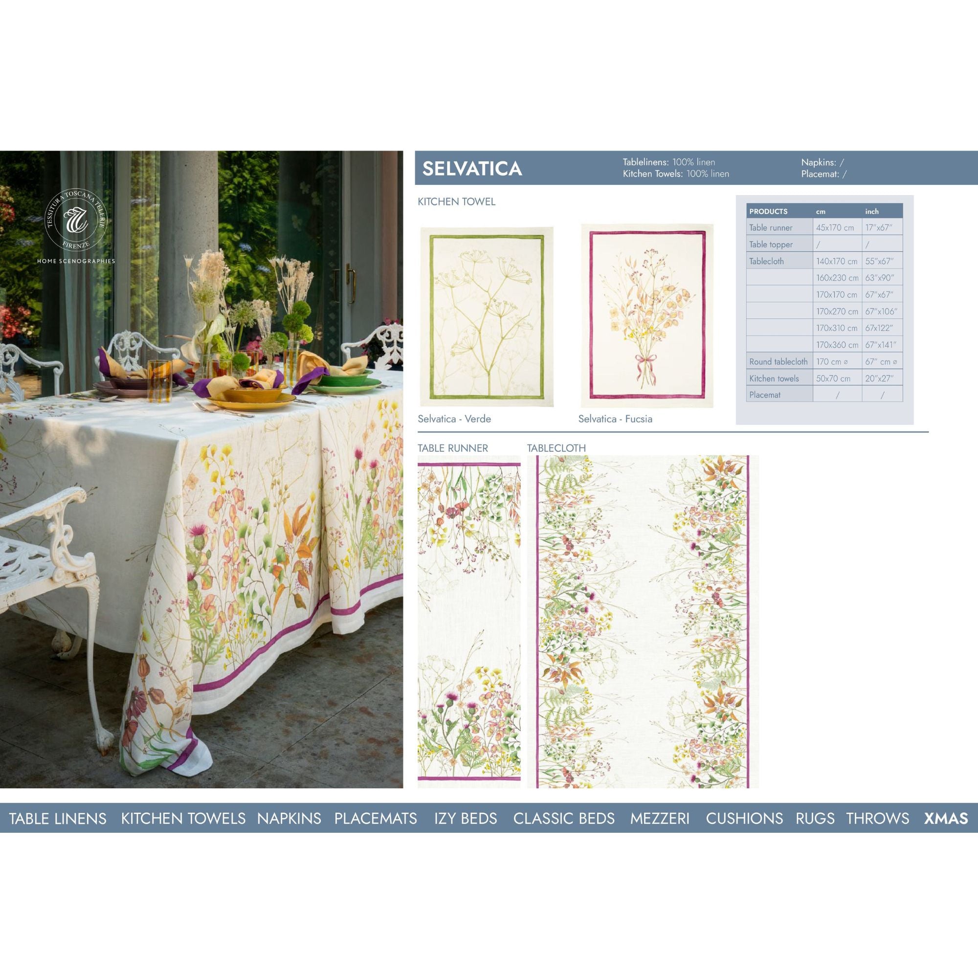 Linnen tafelkleed Selvatica met een rand vol wilde zomerbloemen, kies je formaat (ook rond en als tafelloper)