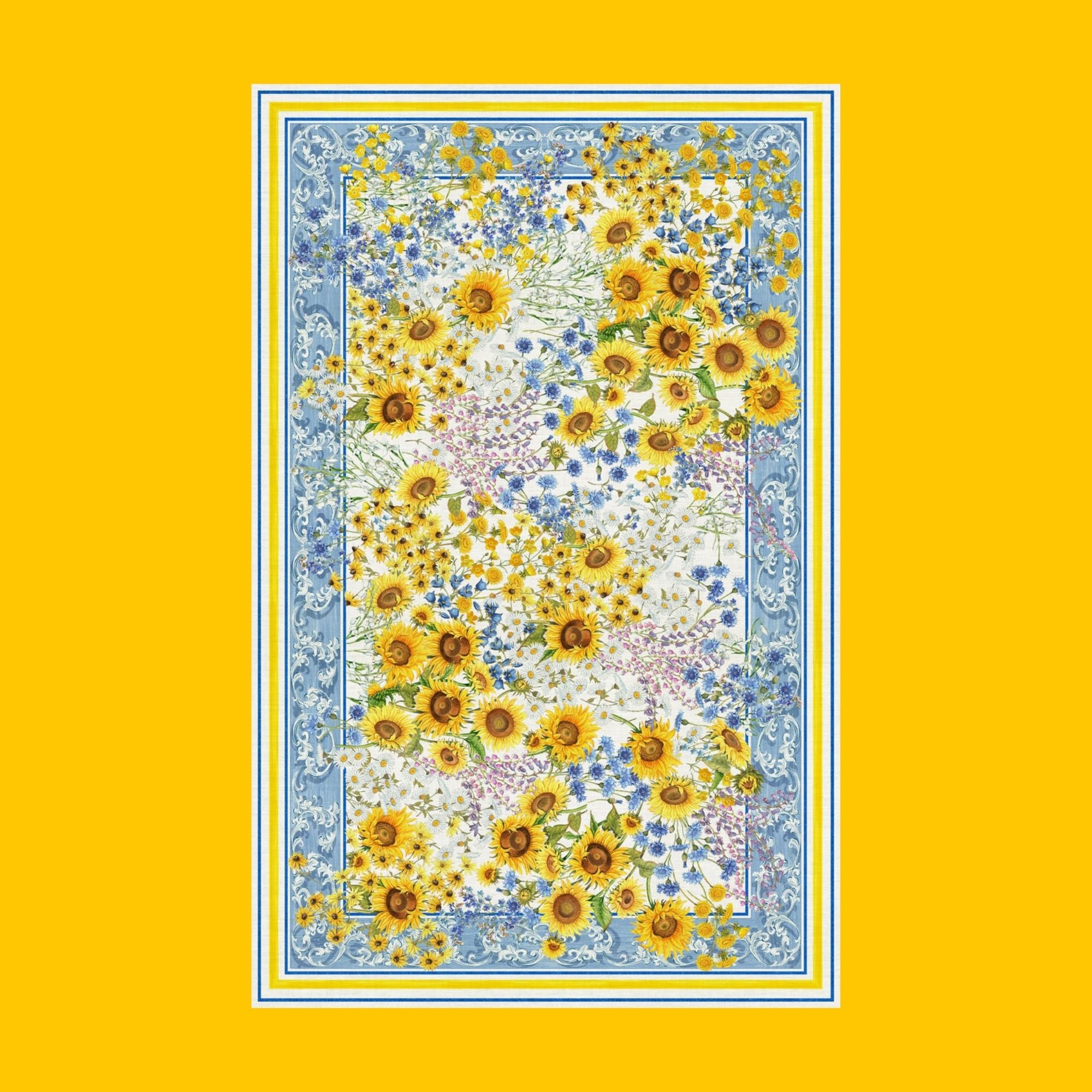 Sungarden linnen tafelkleden en loper vol met blauwe en gele bloemen, kies je formaat