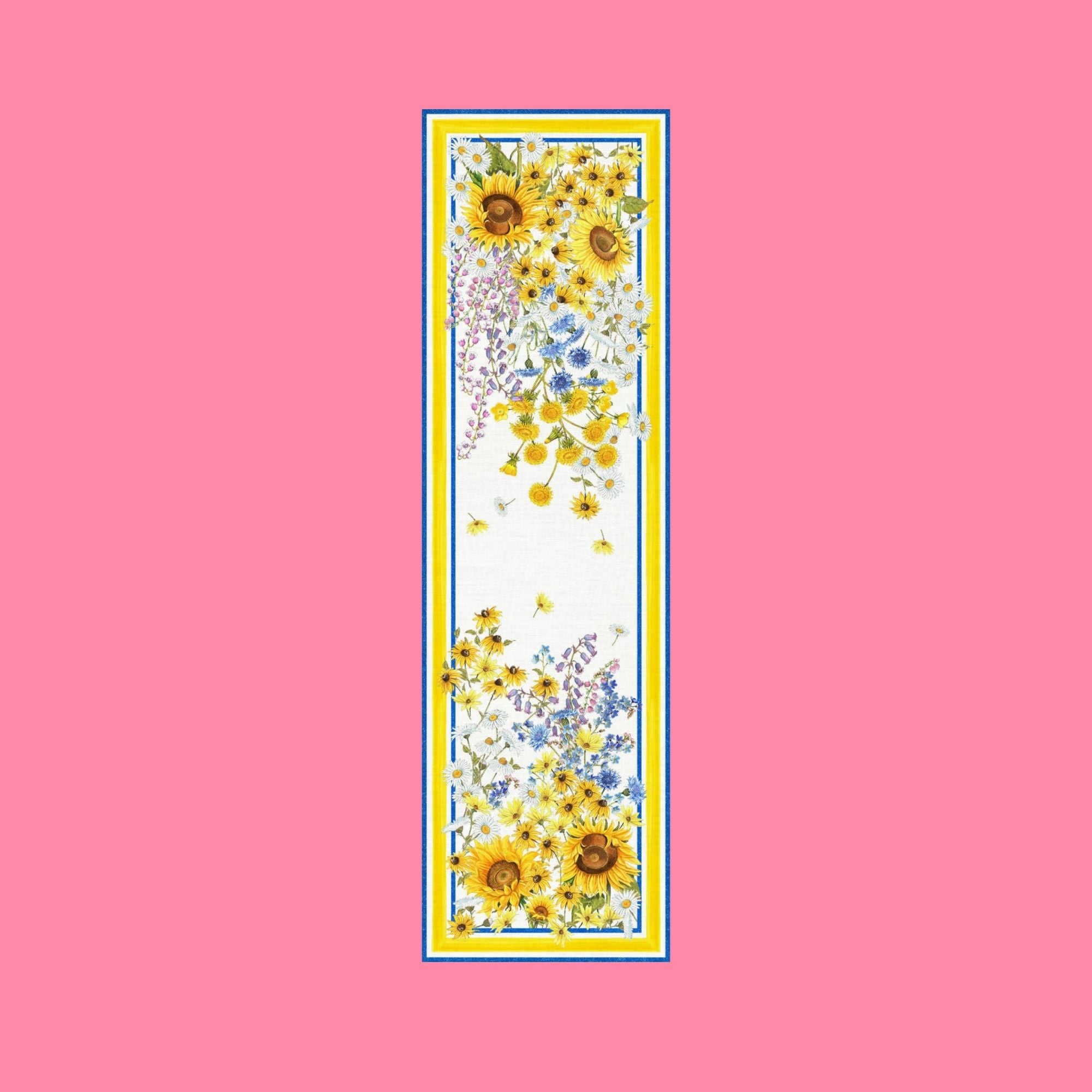 Sungarden linnen tafelkleden en loper vol met blauwe en gele bloemen, kies je formaat