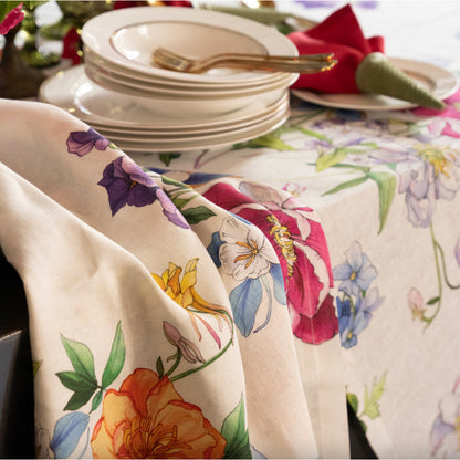 Linnen tafelkleed Antea met felgekleurde grote bloemen, kies je formaat (ook rond en als tafelloper)