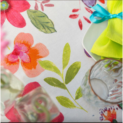 Katoenen tafelkleed Carel met vrolijke naïve bloemen, kies je formaat (ook rond en als tafelloper)