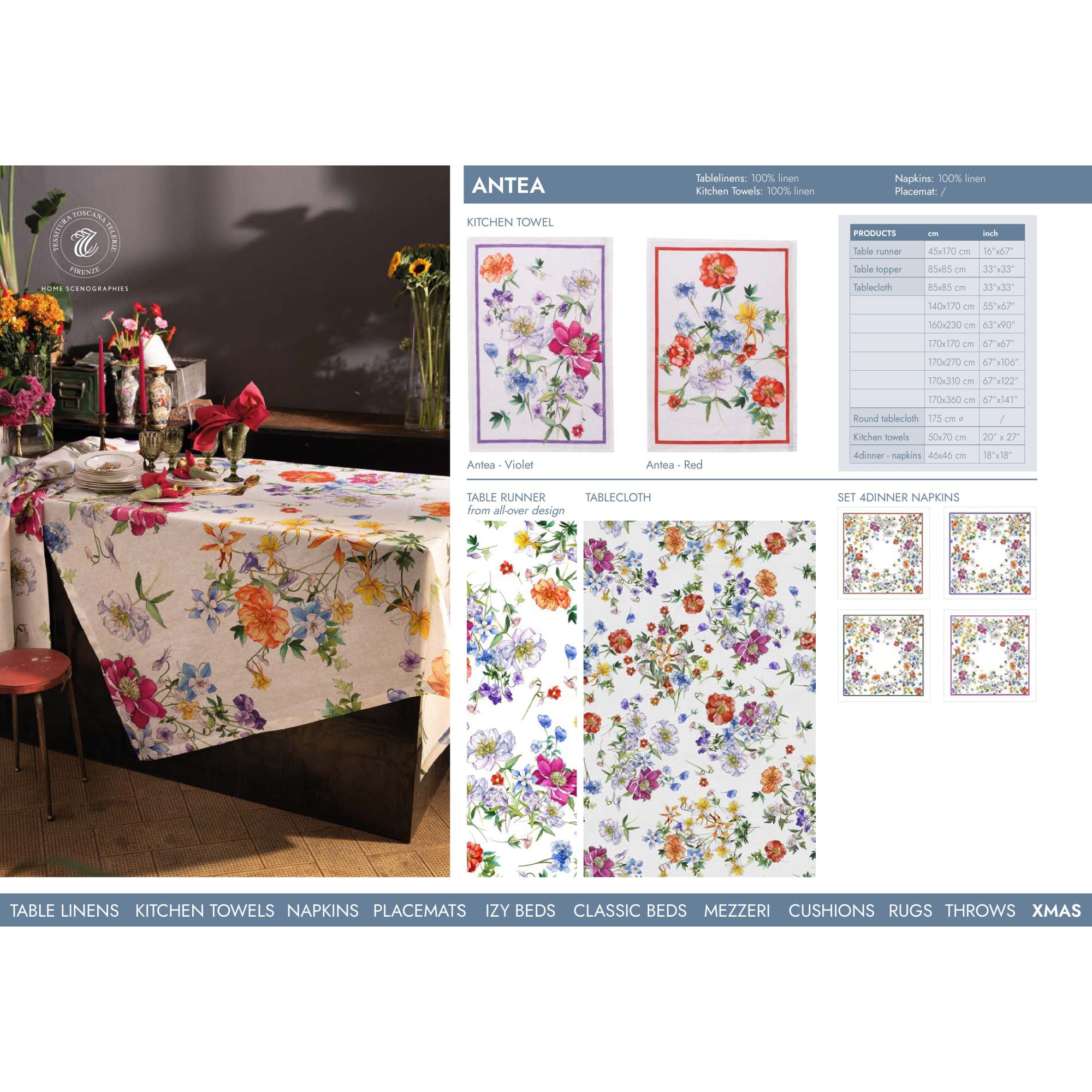 Linnen tafelkleed Antea met felgekleurde grote bloemen, kies je formaat (ook rond en als tafelloper)