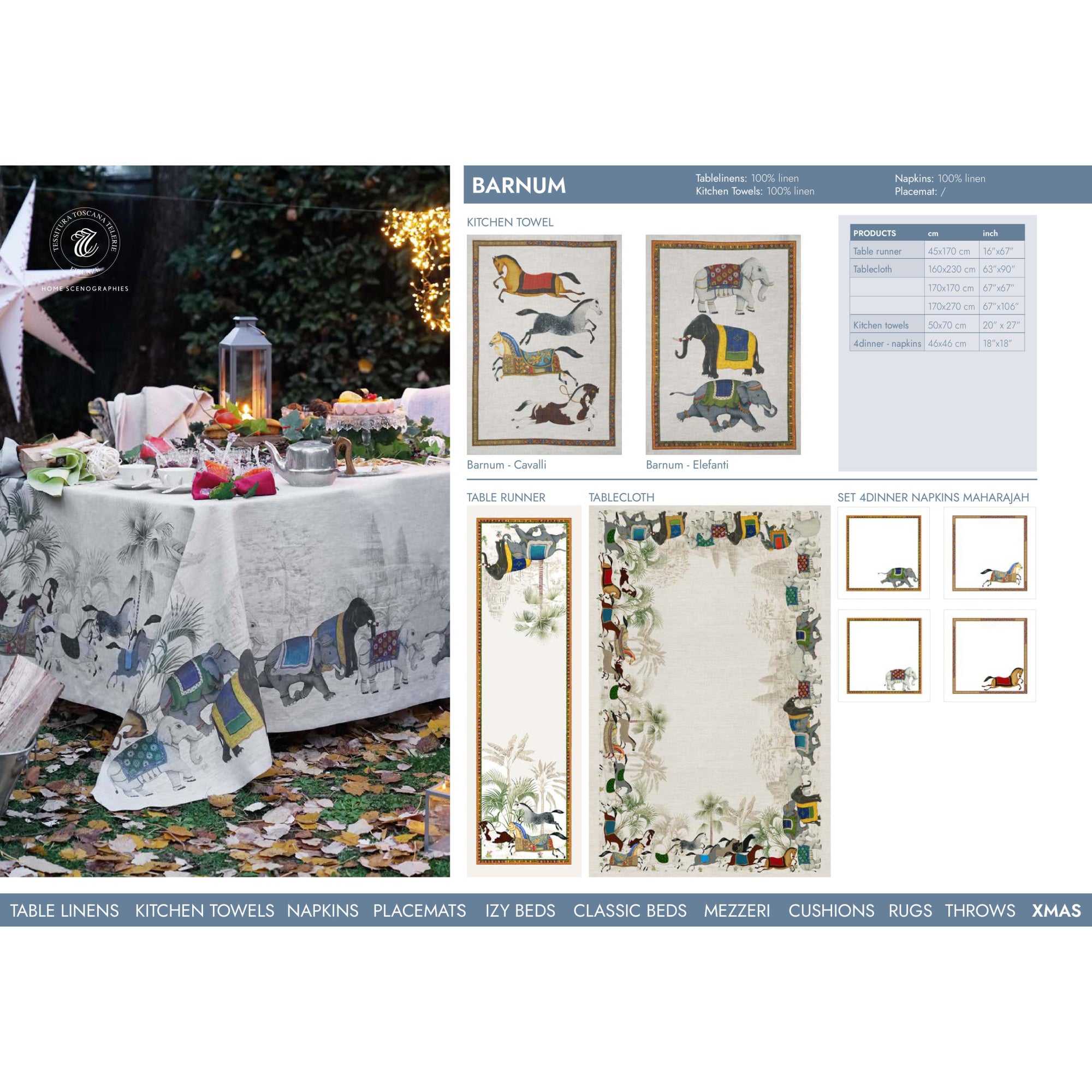Barnum linnen tafelkleden en loper met olifanten en paarden langs de rand, kies je formaat