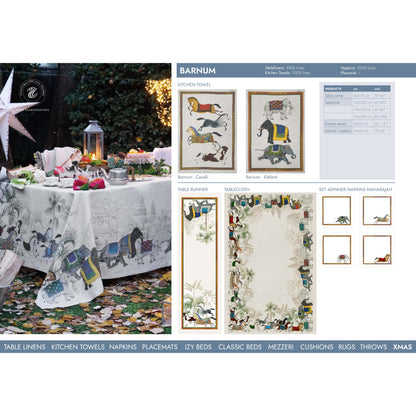 Barnum linnen tafelkleden en loper met olifanten en paarden langs de rand, kies je formaat