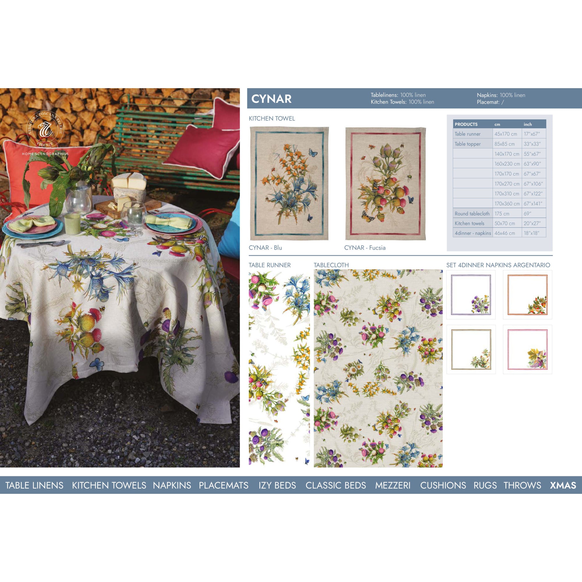 Linnen tafelkleed Cynar met artisjokken, distels, ijsbloemen en vlinders, kies je formaat (ook rond en als tafelloper)