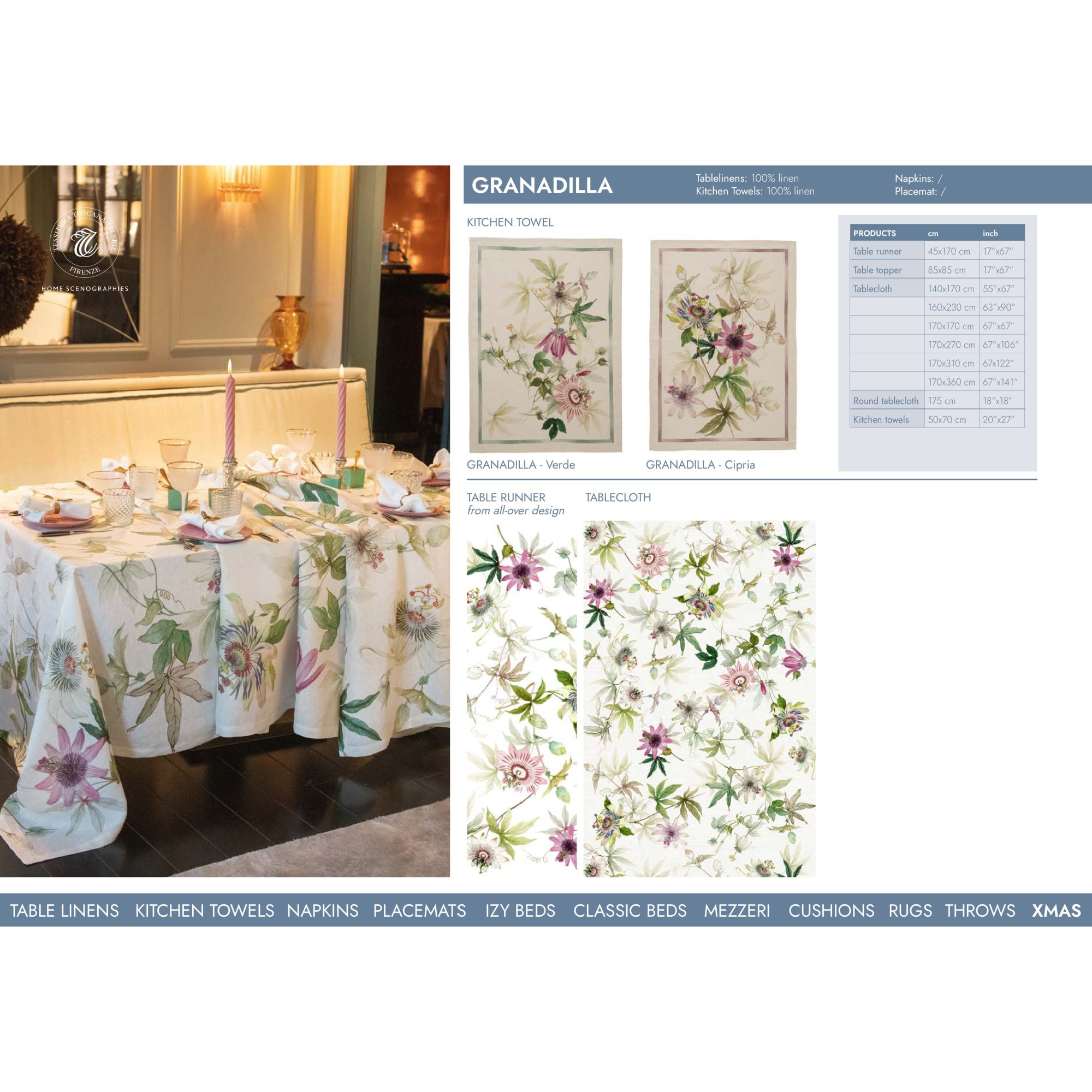 Linnen tafelkleed Granadilla met passiflora, kies je formaat (ook rond en als tafelloper)