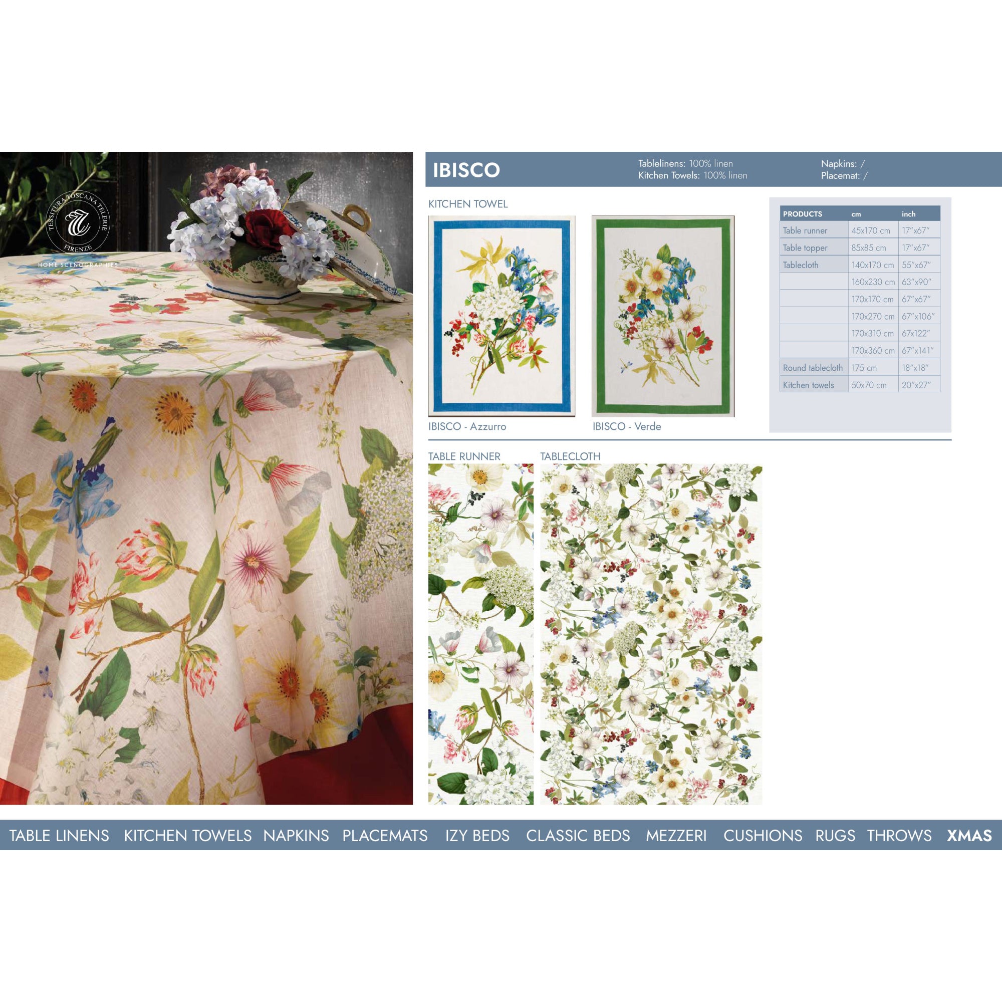 Linnen tafelkleed Ibisco met hibiscus en heel veel andere bloemen, kies je formaat (ook rond en als tafelloper)